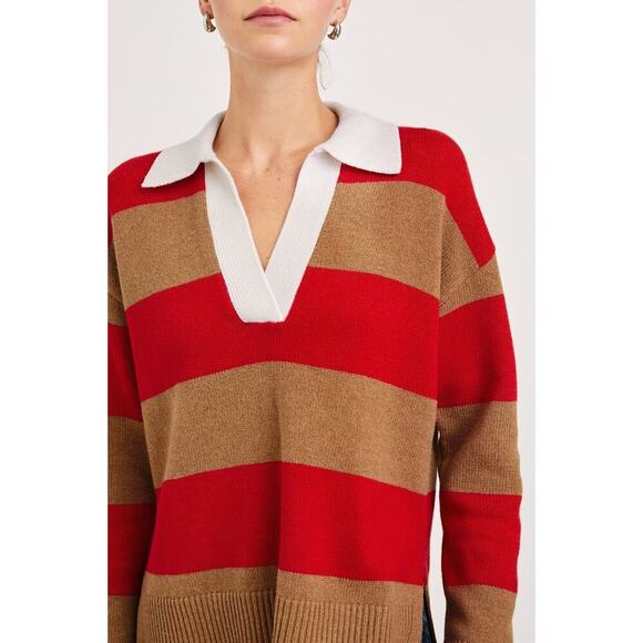 Rails Women's Cherry Camel Stripe Harris Collared Sweater Size Large cashmere - Picture 3 of 12